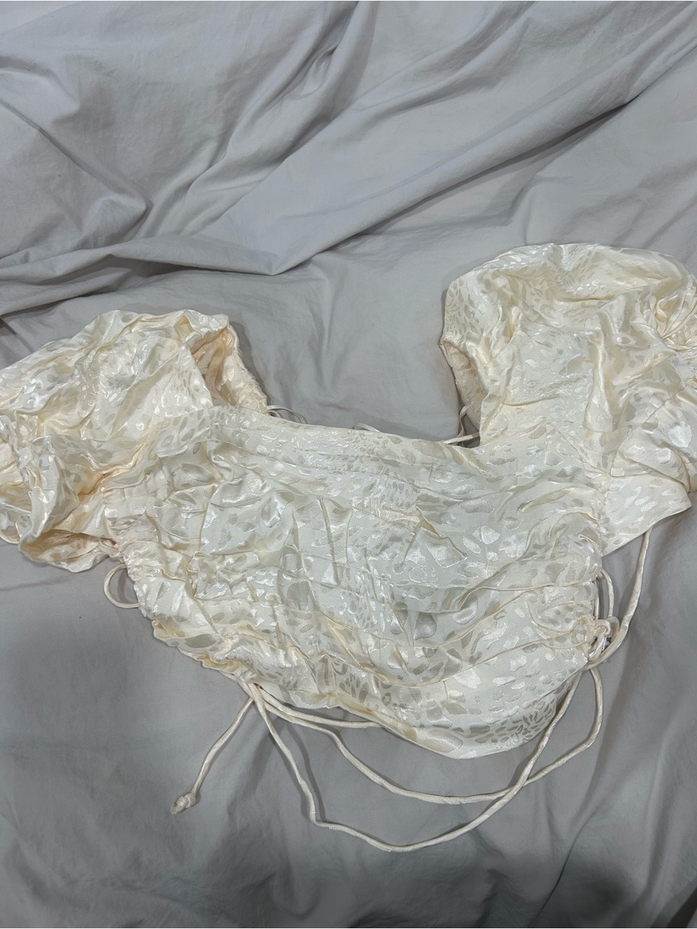 Skylar and Madison Ivory Puff Sleeve Satin Crop Top